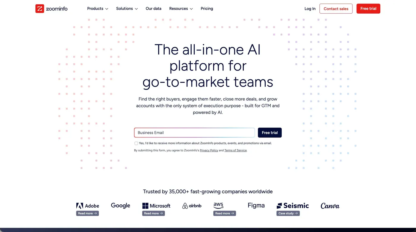 A screenshot of the landing page for Zoominfo
